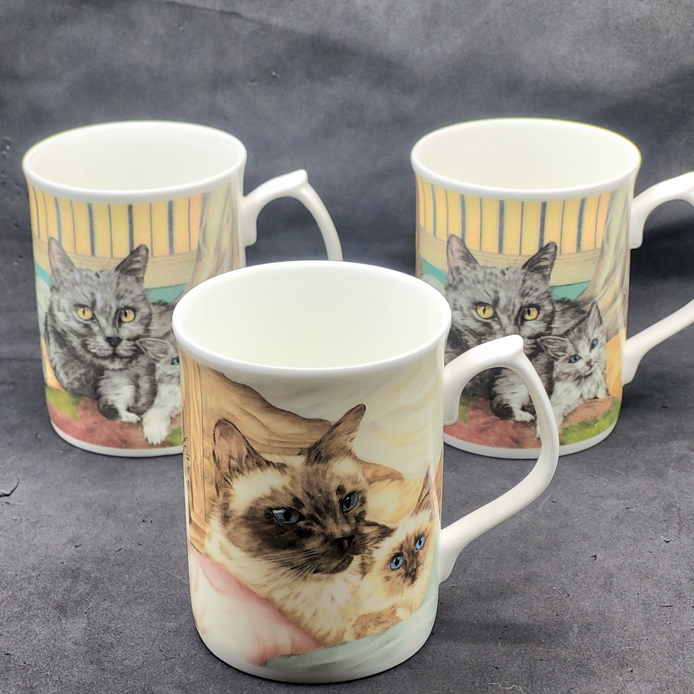 Set Of 3 Vintage Duchess Bone China “Pillowtalk” Cat Mugs Made In England